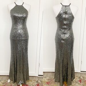 Christina Wu silver charcoal sequin gown floor length high‎ neck halter style 4